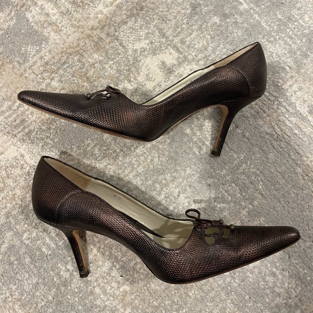 Amalfi Heels Bronze Made In Italy Leather Shoes Bow Detail Size 9B - Picture 9 of 15